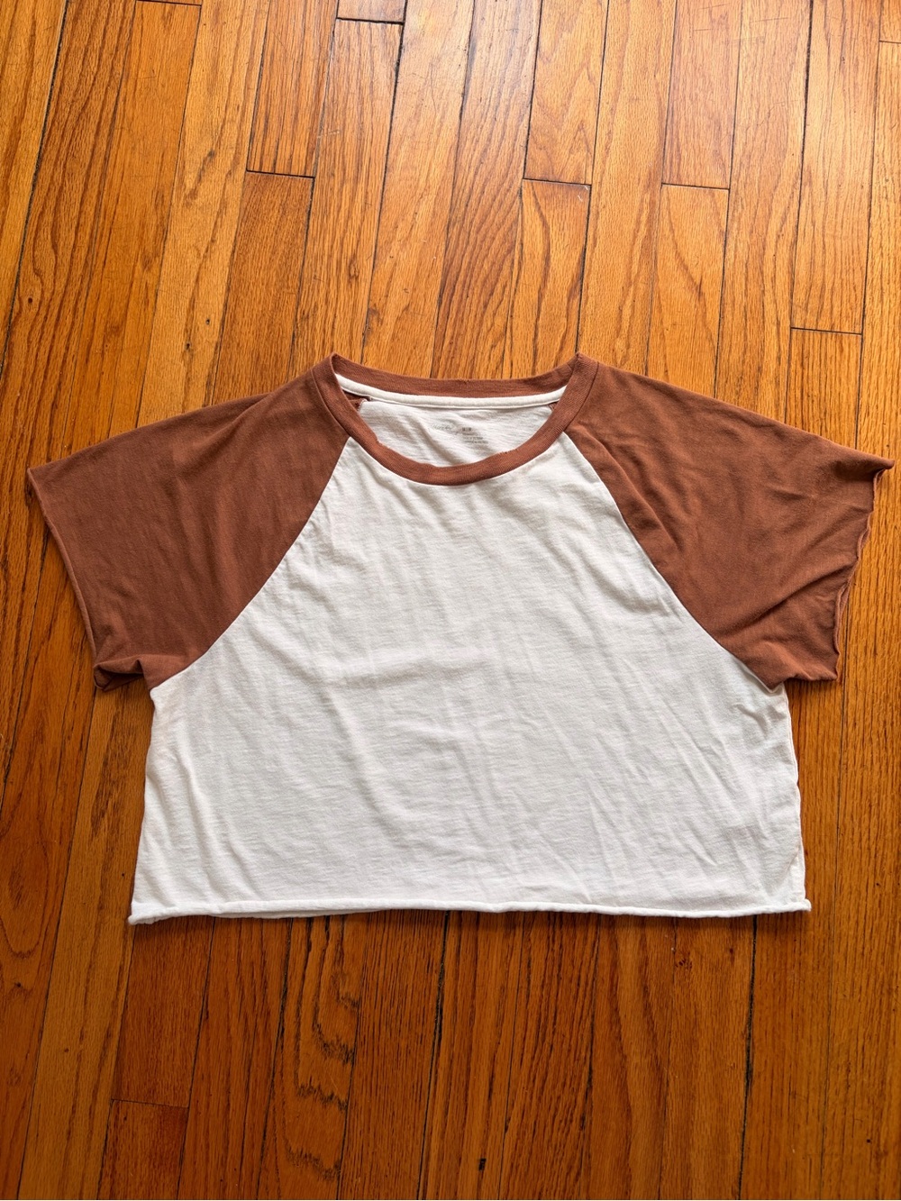 aerie White Crop Tee with Brown Raglan Sleeves